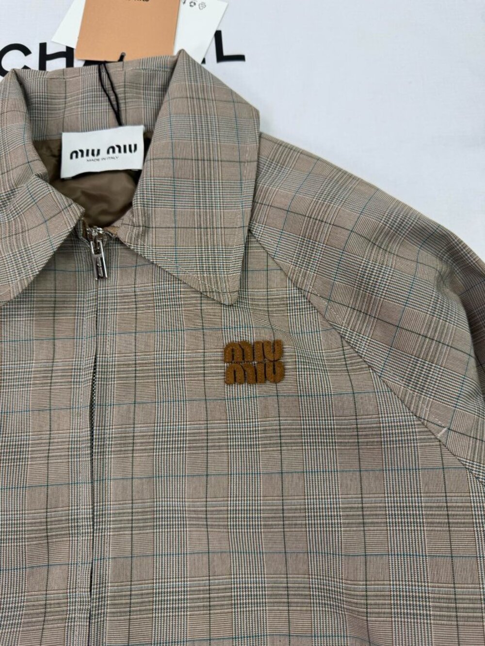 Miu Miu Plaid Collared Zip Bomber Jacket Metal Logo Unisex - Picture 5 of 11